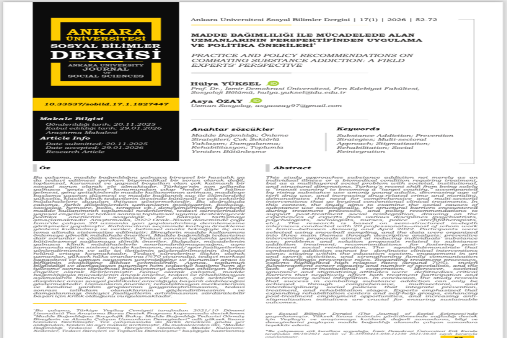Sosyoloji Bölümü öğretim üyesi Prof. Dr. Hülya Yüksel ile yüksek lisans mezunumuz Asya Özay’ın birlikte kaleme aldığı “Madde Bağımlılığı ile Mücadelede Alan Uzmanlarının Perspektifinden Uygulama ve Politika Önerileri” başlıklı makale yayımlanmıştır.